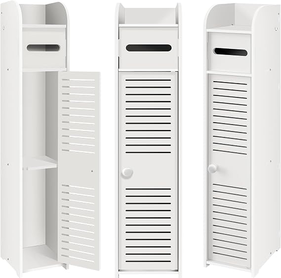 Waterproof Bathroom Floor Cabinet, 15x17x80cm White Space Saving Home Storage Cabinet with Cupboard Doors and Shelves, Free Standing Tall Slim Home Furniture Unit, Kitchen Storage Rack Organizer