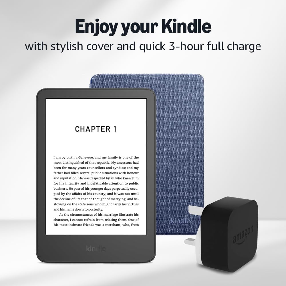 Kindle (2024 Release) 16 GB without ads, an Amazon Fabric Cover and an Amazon Powerfast 9W Power Adapter