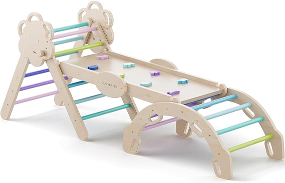 COSYLAND Klettergerust Indoor L - Indoor Spielset mit Kletterbogen & Rutsche -8-in-1 Massivholz-Spielplatz - Kletterbogen ab 1 Jahr - Kuhle Farbtone