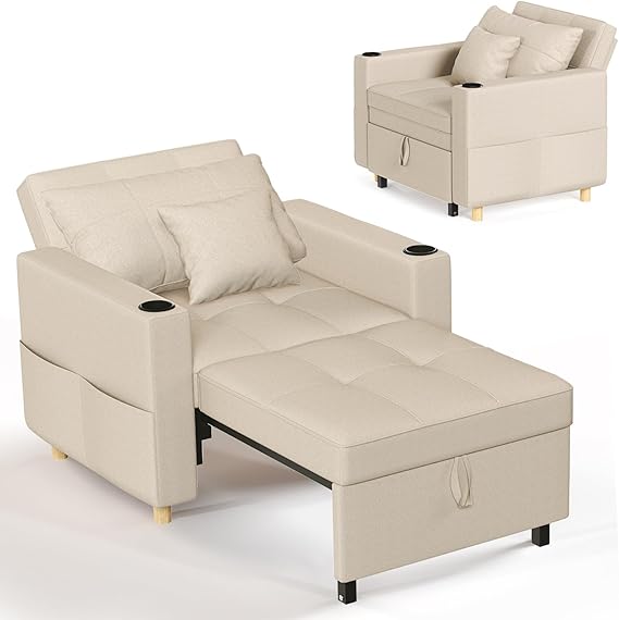 YODOLLA Sleeper Chair, 38" Extra Wide Convertible Chair Bed, Upgraded 3-in-1 Pull Out Single Sofa with Adjustable Backrest, Cup Holder, Pocket for Adults for Living Room Apartment Small Space, Ivory