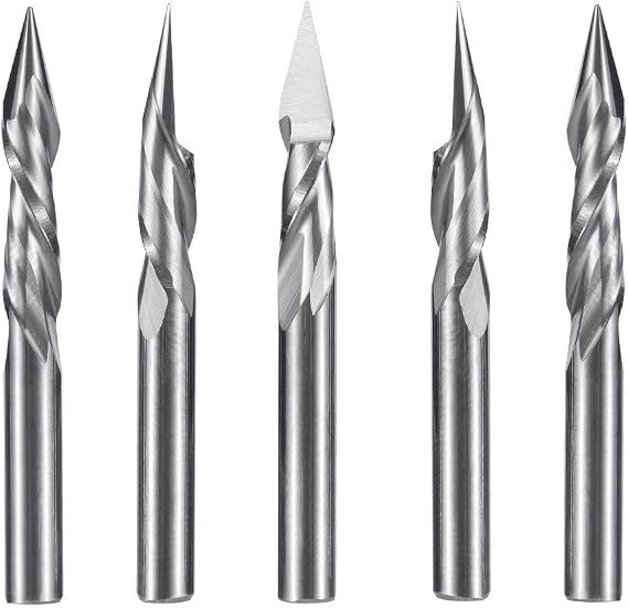 HUHAO 4mm 2 Flute Spiral Pyramid engraving bits for wood CNC router bit Carving knife Degree 30 for 2D 3D sculpture 0.5Tip Diameter 5PCS