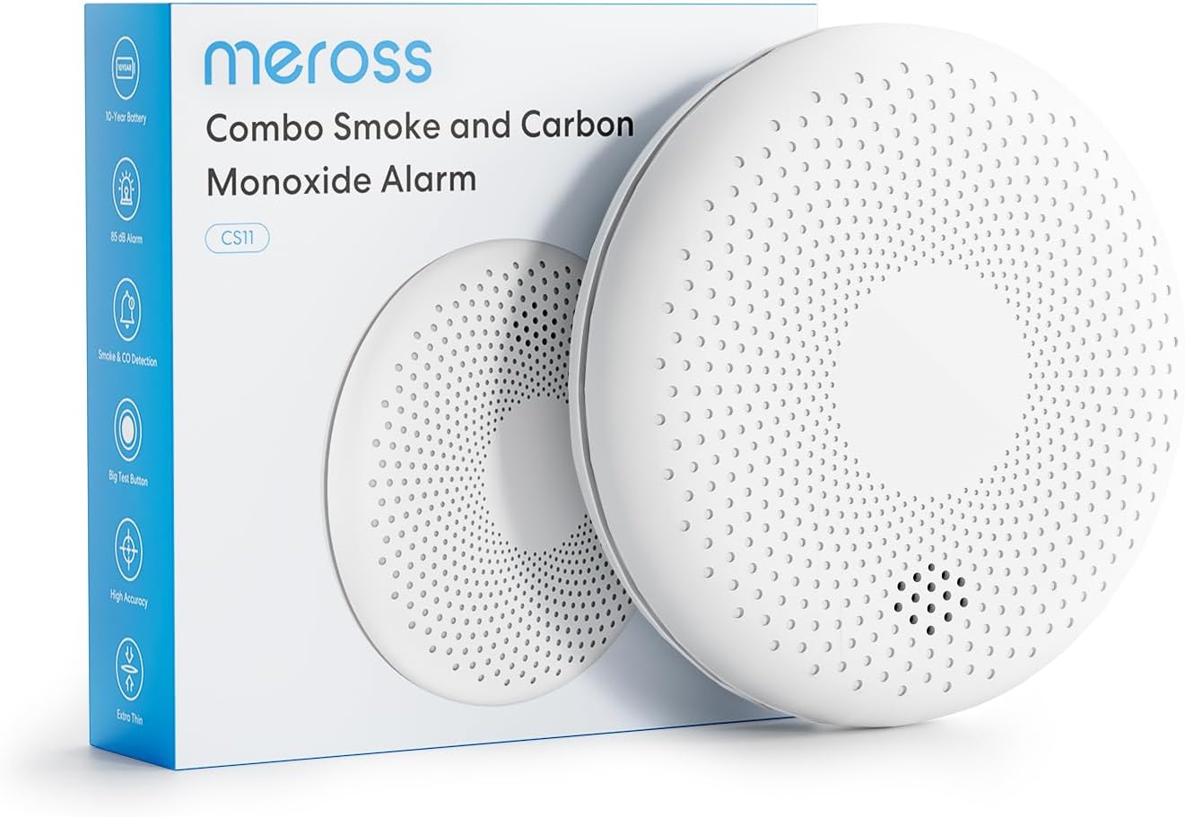 Meross Carbon Monoxide Detector, Dual Sensor Smoke and Carbon Monoxide alarm, Smoke Alarm for home with Test/Silence Button, 10-Year Battery Smoke Alarm, 85dB Fire Alarm, EN 14604 & EN 50291 Standard