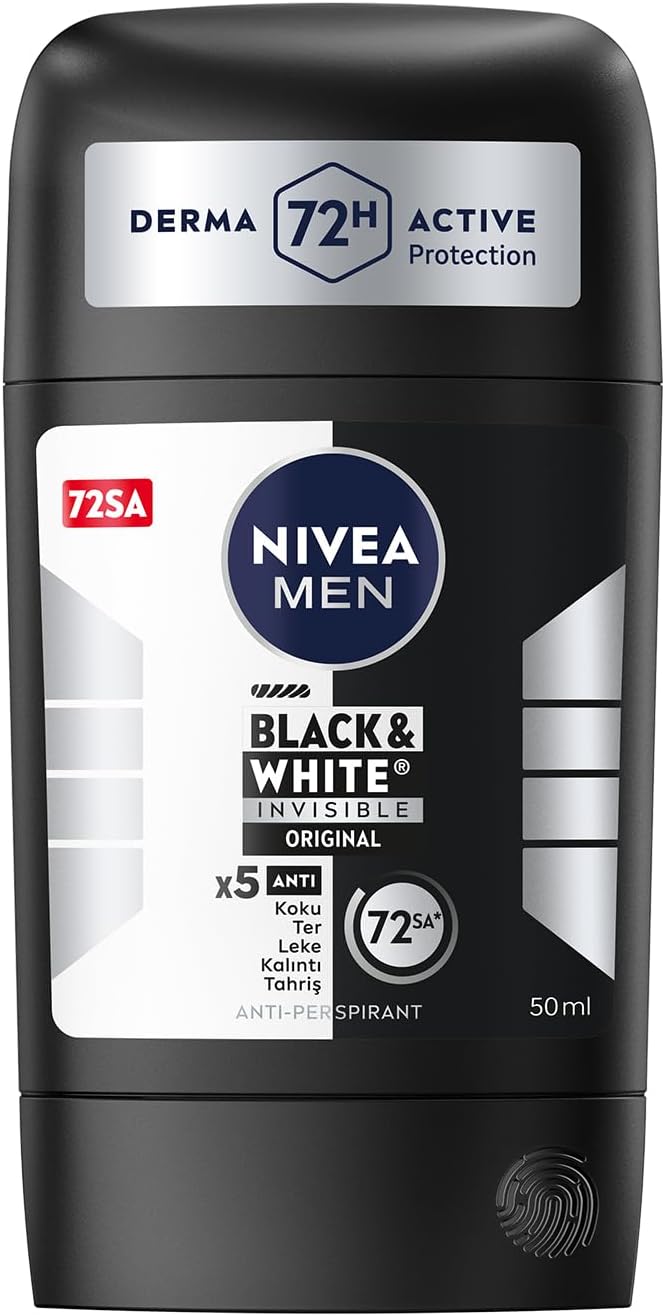 NIVEA MEN Mens Stick Deodorant Black&white Invisible Original 50ml 72 Hours Anti-perspirant Sweat Protection
