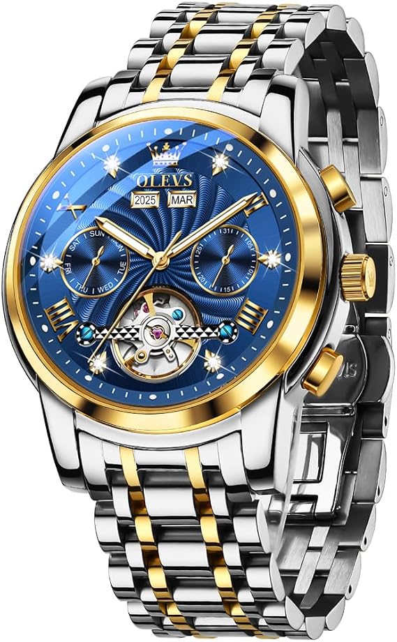 OLEVS Mens Automatic Mechanical Watches Luxury Diamond Wristwatch Black Self Winding Skeleton Tourbillon Stainless Steel