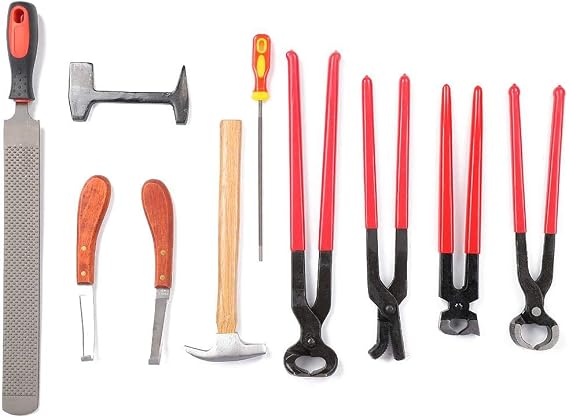 Horse Farrier Tool, 9Pcs Steel Iron Horseshoe Trim Cutter Pliers Horse Hoof Rasp with Ergonomic Handle Hammer Hoof Tool