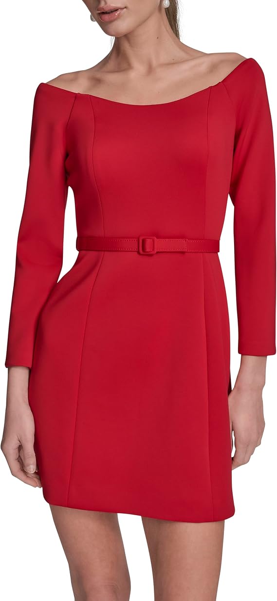 BCBG Women's Off the Shoulder Long Sleeve Belted A-line Mini Dress