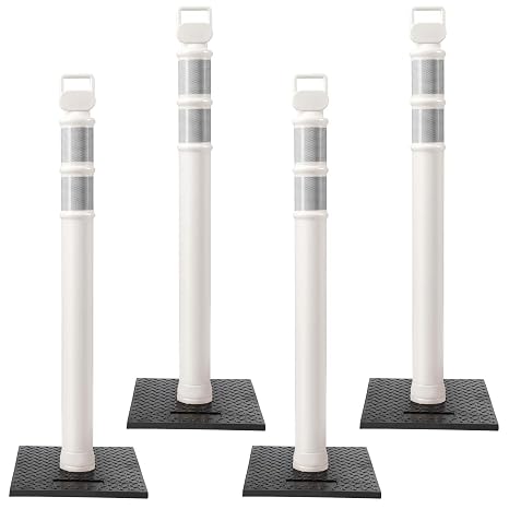 Kanayu 49 Inch 4 Packs Traffic Delineator Posts with 8.8 Lbs Rubber Base PE Delineator Post Portable Parking Pole Traffic Cone Barrier with Removable Base, Reflective Band(White)