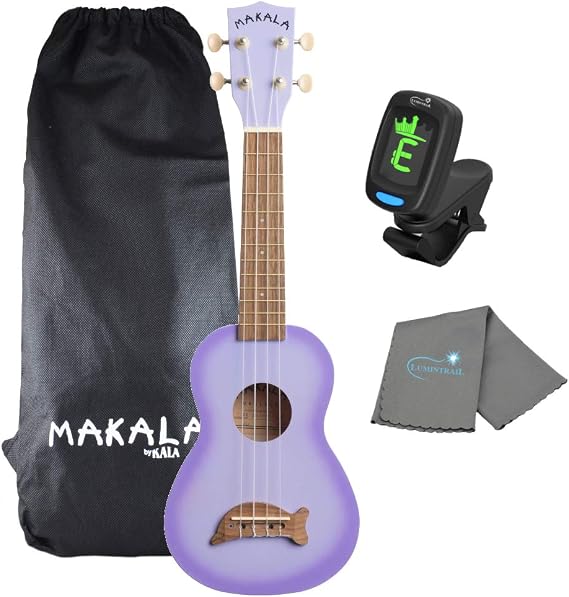 Kala Purple Burst Dolphin Makala Soprano Ukulele - MK-SD/PLBURST Bundle with a Tuner and Lumintrail Polishing Cloth