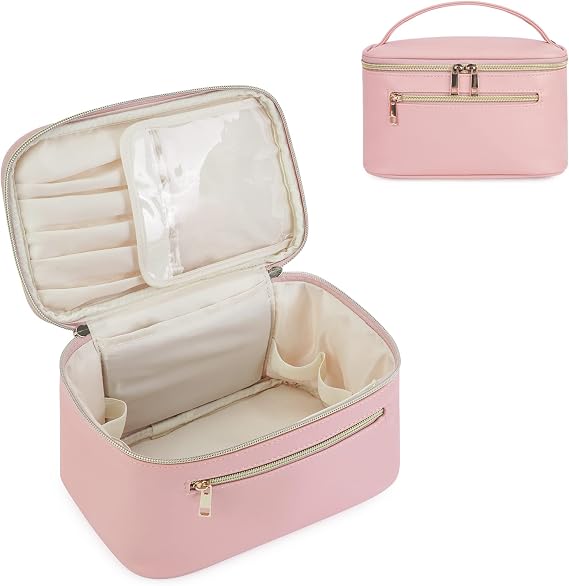 Travel Makeup Bag with Brush Compartment, Large Cosmetic Bags, PU Leather Makeup Case with Handle, Water-Resistant for Women, Pink (Patent Pending)