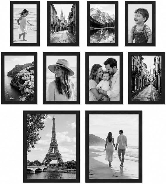 Black Picture Frames Set of 10, 6x4 7x5 10x8, Gallery Photo Wall Display