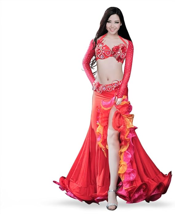 ROYAL SMEELA Belly Dance Costume Set for Women Belly Dancing Skirts Bra and Belt Sleeves Professional Suit 4pcs Mermaid Skirt Red