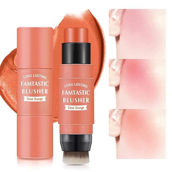 LOKFAR Cream Blush Stick for Cheeks, #03 Coral Orange | 2 in 1 Multi Makeup Blush with Brush for Cheeks Tint & Eyes & Lips, Long-lasting Waterproof Smooth Creme Texture