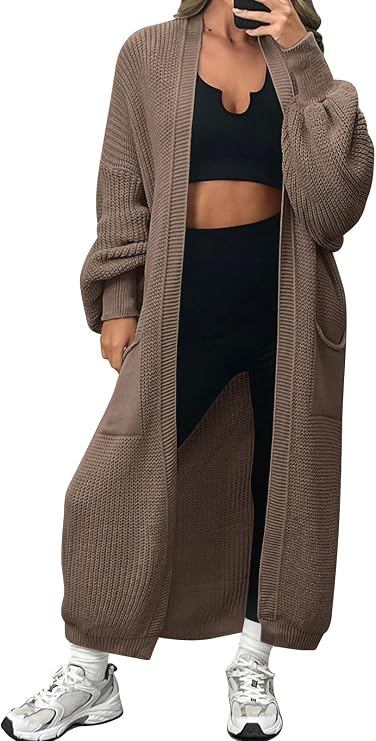 LILLUSORY Women's Long Oversized Open Front Cardigan Sweater with Pockets | Duster Drop Shoulder Coatigan , Chunky Knit Texture, Open-Front Layering Piece, Fall Fashion Staple