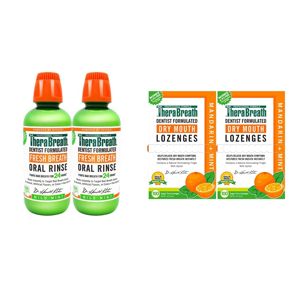 TheraBreath Fresh Breath Oral Rinse, Mild Mint, 16 Ounce Bottle Pack of 2 and Dry Mouth Lozenges with Zinc, Mandarin Mint, 100 Lozenges Pack of 2