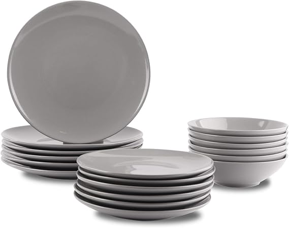 Amazon Basics 18-Piece Stoneware Dinnerware Set for 6 People Grey