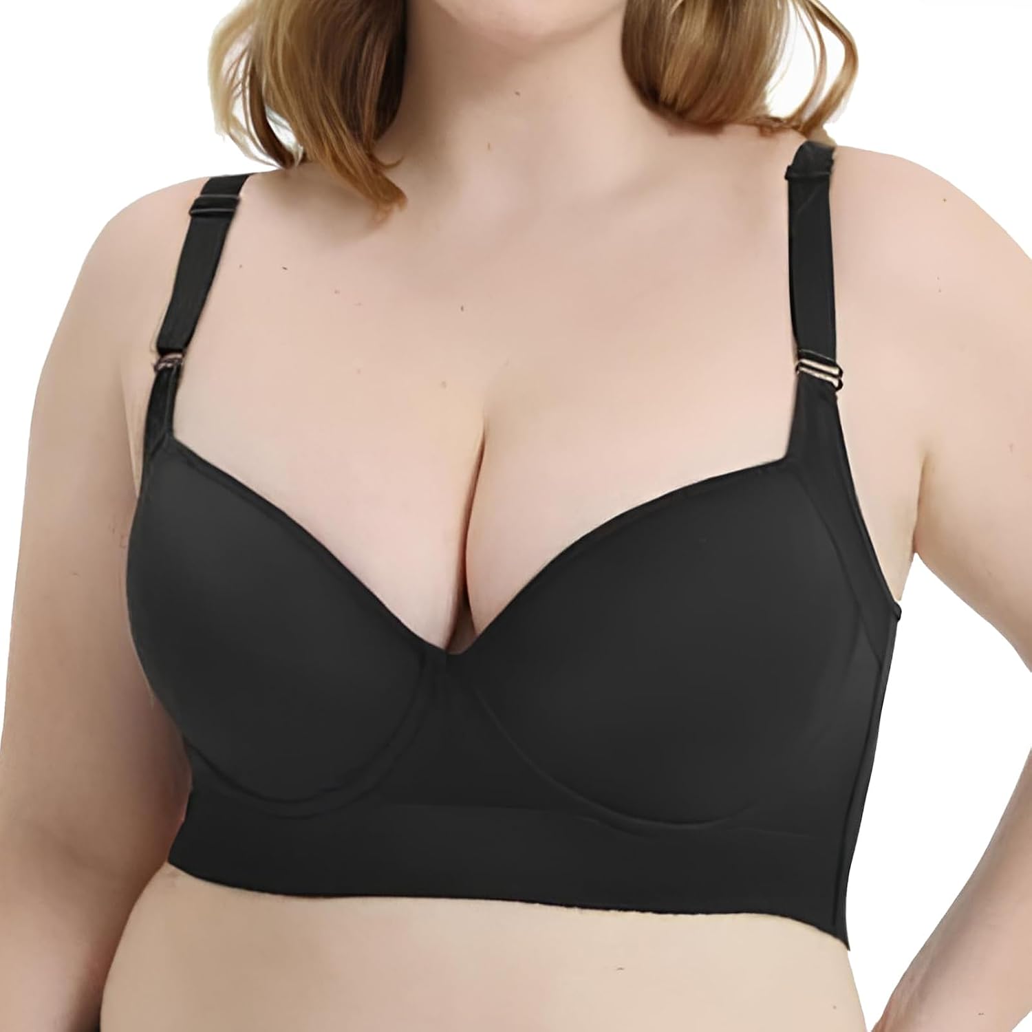 Women's Push Up Bra, Hide Back Fat Deep Cup Bra, Black Full-Coverage Underwire Bra, Smoothing T-Shirt Bra