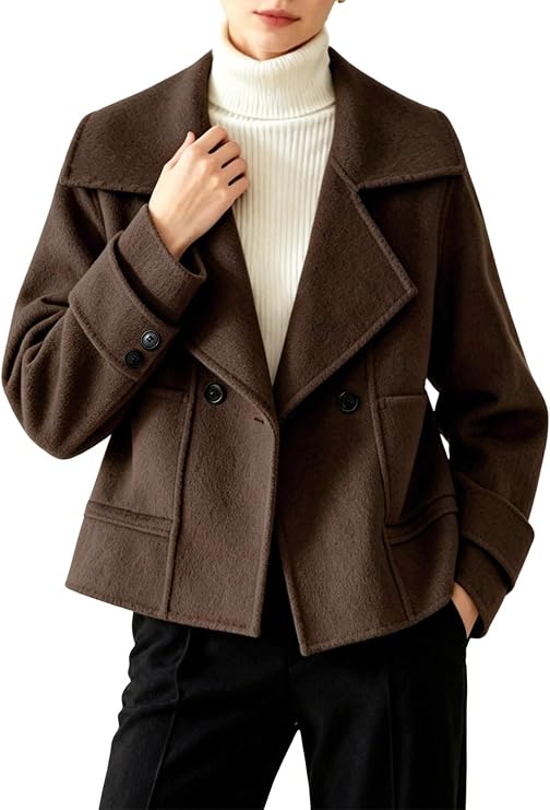 utcoco Womens Cropped Wool Coats Notched Lapel Short Pea Coat with Pockets