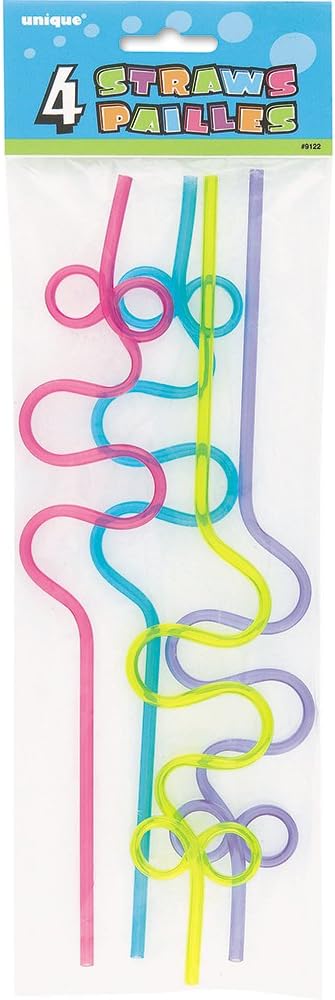 Unique 9122 Plastic Squiggle Straws-12 | Assorted Color | 4 Pcs, Multicolour, 12''