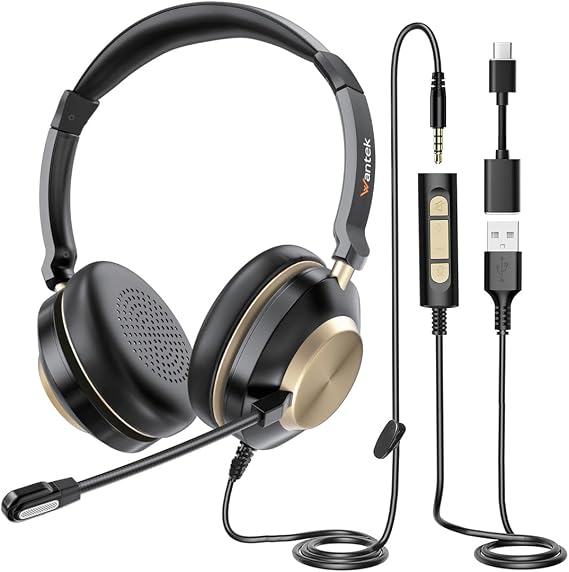 Wantek USB Headset with Microphone for PC Laptop, Adjustable Noise Cancelling Business Office Headsets