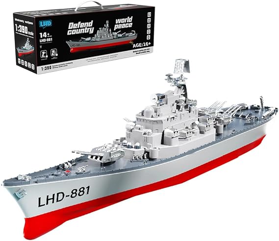 Mini RC Battleship Model, 1:390 Scale 2.4G Dual-Engine RC Battleship with Waterproof Design & Night Navigation Lights, Collectible Military Display Gift for Enthusiasts
