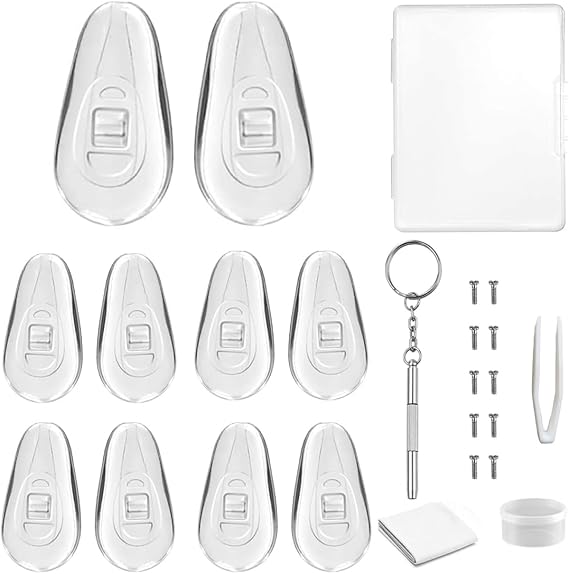 Soft Eyeglass Glasses Nose Pads,5 Pairs Air Chamber Air Bag Nose Pads,Eyeglass Repair Kit Screw-in Nose Piece Replacement Set with Screws,Screwdriver,Cleaning Cloth,Tweezer and Storage Case