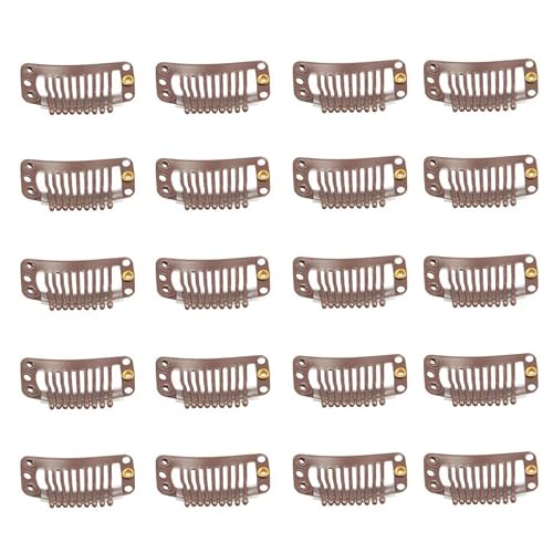 20pcs Wig Clips, 9-Teeth Stainless Steel Snap Hair Extension Clips, Diy Clip for Hairpieces Wigs Hair Extensions Light Brown