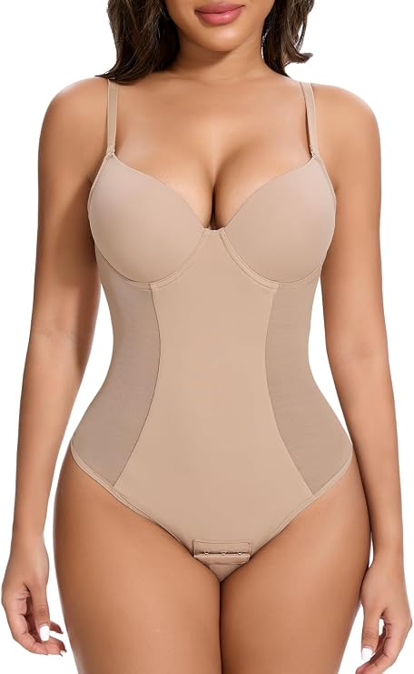SHAPERIN Shapewear Bodysuit for Women Built in Bra Tummy Control Body Suit Backless Thong Low Back Body Shaper
