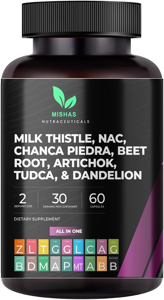 Mishas Nutraceuticals Milk Thistle Dandelion Root, NAC and TUDCA Supplement Supports Liver Health, Liver Cleanse Detox, Kidney and Respiratory Health & Digestion System 60 Vegan Capsules