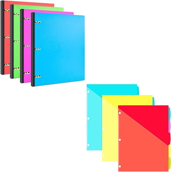 4PCS 1 INCH Telescoping 3 Ring Binder + 15 PCS 5-Tab Plastic Binder Dividers with Front Pockets