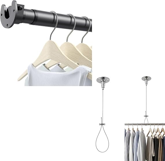 Closet Rods for Hanging Clothes, 17 to 69 Inch Heavy Duty Stepless Adjustable Closet Hanging Rod, Ceiling Support Closet Rod Bracket, Adjustable Closet Rod Holder