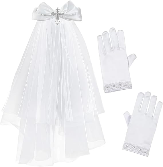 2PCS Girls First Communion Veil with Rhinestone Cross White Satin Bow Two-Tier Design Veil Glove Set Hair Bride Hair Accessory Hairband Glove Set