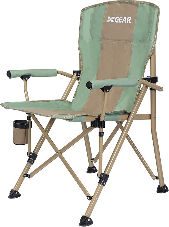 XGEAR 330LB Heavy Duty High Back Hard Arm Camping Chair with Cup Holder