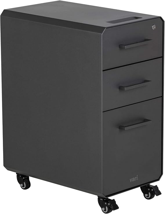 Vari Slim File Cabinet - Three Drawer Office Filing Cabinet, Modern Mobile Pedestal with Heavy-Duty Steel - Lockable Storage with Roll-and-Lock Caster Wheels - Home or Office - Charcoal Grey