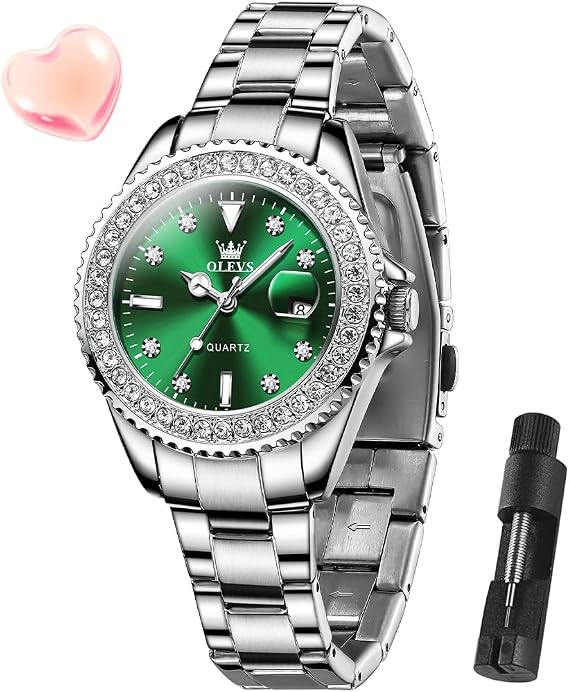 OLEVS Watches for Women with Diamonds with Date, Luxury Leather, Waterproof, Stainless Steel Analog Wristwatch, Women's Watch with Luminous Calendar, Green/Silver/Red Dial