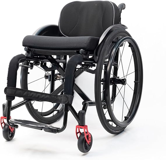 Folding All-Terrain Ultra Lightweight Sports Wheelchair Adjustable Footrest and Seat Height, Handbrakes Quick Release Rear Wheels & Anti-Tip Wheels Suitable for Adults, Disabled, Elderly(Black,Seat wi