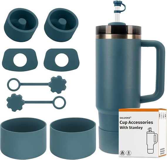 SALUOKE Juego de 8 Accesorios para Stanley Cup,Contiene 2 Tapas para Pajitas,4 Tapones de Silicona a Prueba de Fugas,2 Botas de Silicona para Stanley Cup 2.0 1,2l/850ml,Taza no Incluida (Blue Spruce)