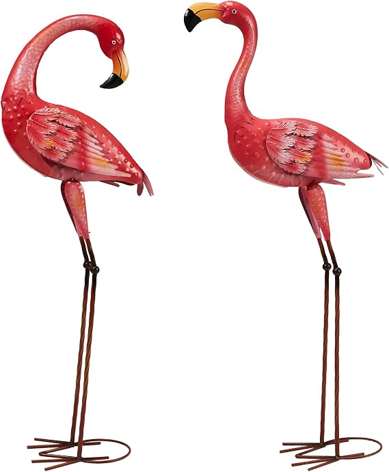 Flamingo Garden Statues 40in Metal Yard Art, Pink Outdoor Decor 2-Pack