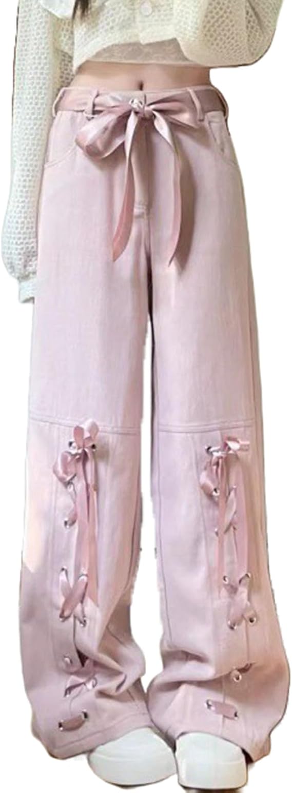 Dynict Y2K Bow Tie Jeans for Women Baggy Casual Wide Leg Pants Kawaii Straight High Waist Drawstring Pink Trousers