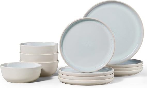 Homikit 12Pcs Plates and Bowls Set, Reactive Glaze Dinner Set for 4, Beige
