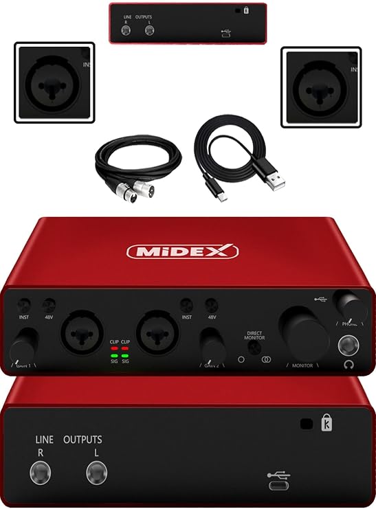 Midex GLX-800RD Üst Segment Usb Stüdyo Ses Kartı 2 Giriş 2 Çıkış 24bit/192kHz