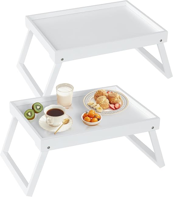 RRX Bamboo Bed Tray Table with Folding Legs, Breakfast Tray, 2 Pack (White)