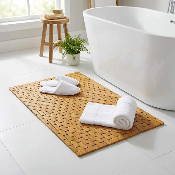 Deconox Doğal Bambu Banyo Paspası (42x62 cm) - Suya Dayanıklı Ahşap Duş Önü Paspas Spa ve Sauna Tipi Izgaralı Banyo Matı