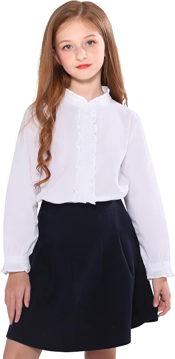 SOLOCOTE Girls White Blouse Ruffle Long Sleeve Button Down Shirt