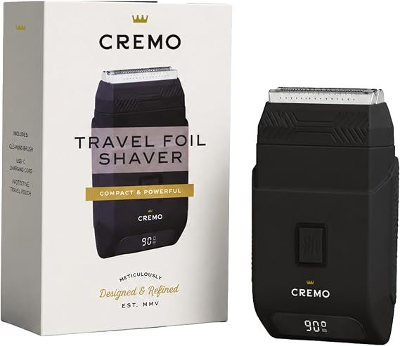 Cremo Travel Foil Shaver, Cordless Electric Shaver with Dual-Speed Foil System, IPX7 Rated for Wet/Dry Use, USB-C Rechargeable, Digital Display and