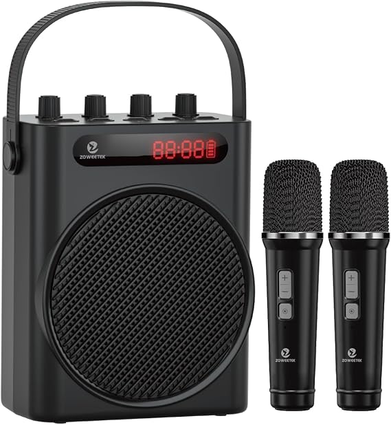 ZOWEETEK 60W Voice Amplifier with 2 Wireless Microphones | PA System, Karaoke Machine, Portable Speaker, Support TF/USB/Aux/Guitar, Rechargeable, for Speech/Class/Karaoke