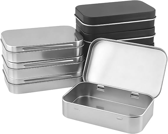8 Pcs Rectangular Metal Tin Containers - Hinged Lid Storage Boxes (Silver & Black) for Candy, Keys, Earrings & Small Items
