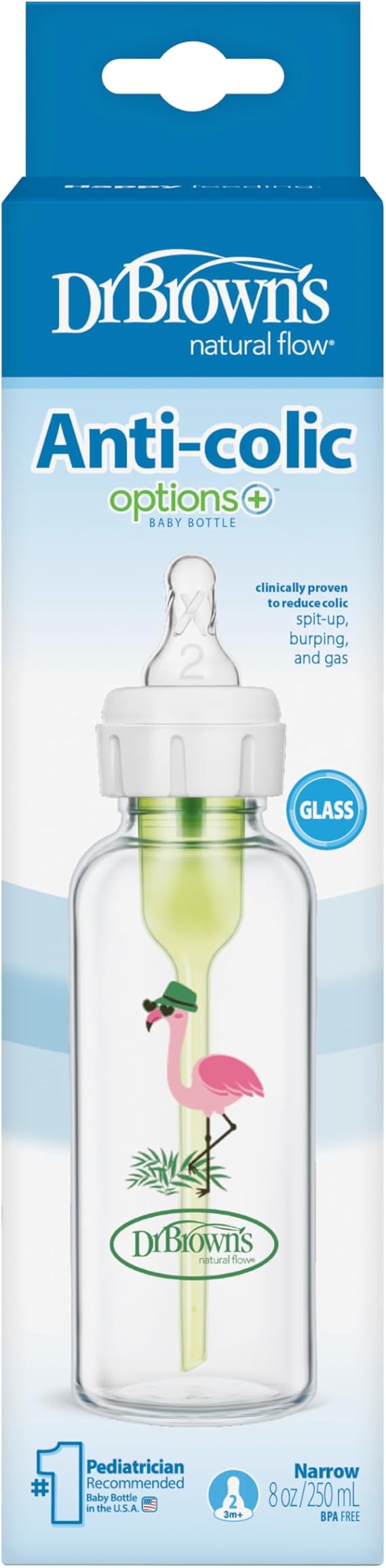 Dr. Browns Narrow Neck Options and Feeding Glass Bottle with Flamingo Deco with L2 Nipple, 250 ml Capacity