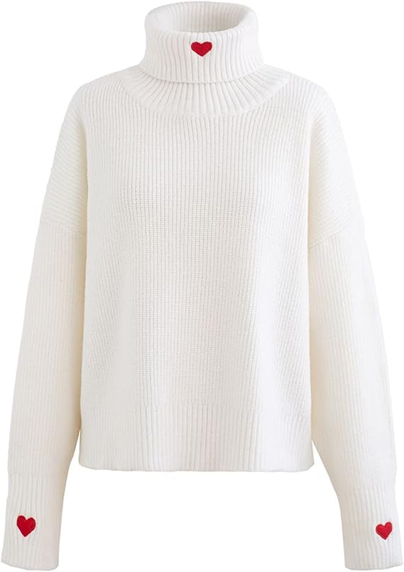 CHICWISH Women Comfy Casual Long Sleeve Heart Shape Patched Grey/White/Navy Knit Top Pullover Sweater