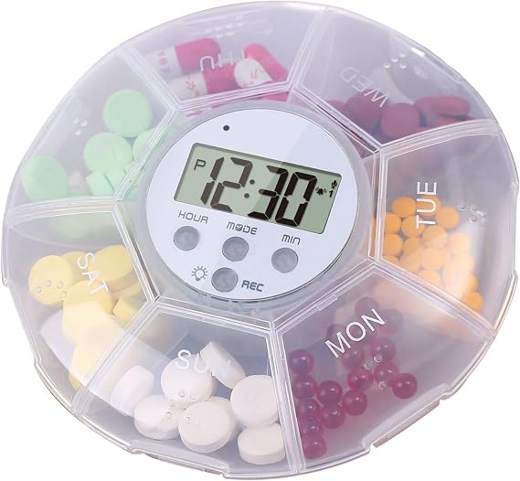Smart Pill Dispenser | Tablet Storage Case with Timer | Multi-Function 7 Compartment Organizer for Medicine and Health Products