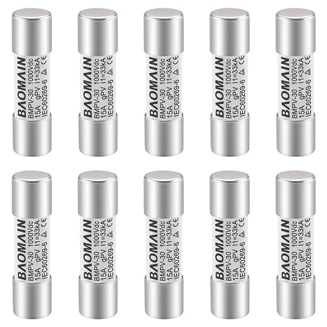 Baomain 10-Pack gPV Solar PV Fuse 15A 1000V DC, 10x38mm, 33kA Breaking Capacity, CE Listed for Photovoltaic Systems, Combiner Boxes (15 Amp.)